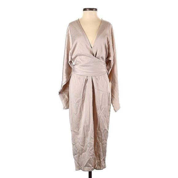 ASOS DESIGN midi dress with batwing sleeve and wrap waist in tan satin sz 4 - Picture 3 of 10
